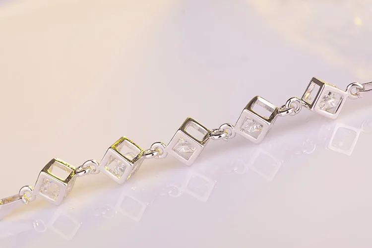Минималистичный Кристальный куб из стерлингового серебра 925 пробы, шармы, браслет Femme Argent, цепной браслет, Женский Braslet, элегантные ювелирные изделия SB023
