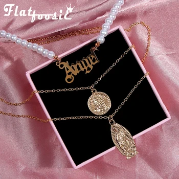 

Flatfoosie Boho Gold Color Coin Portrait Long Chain Necklace For Women Multilayer Trendy Pearl Letters Choker Necklace Jewelry