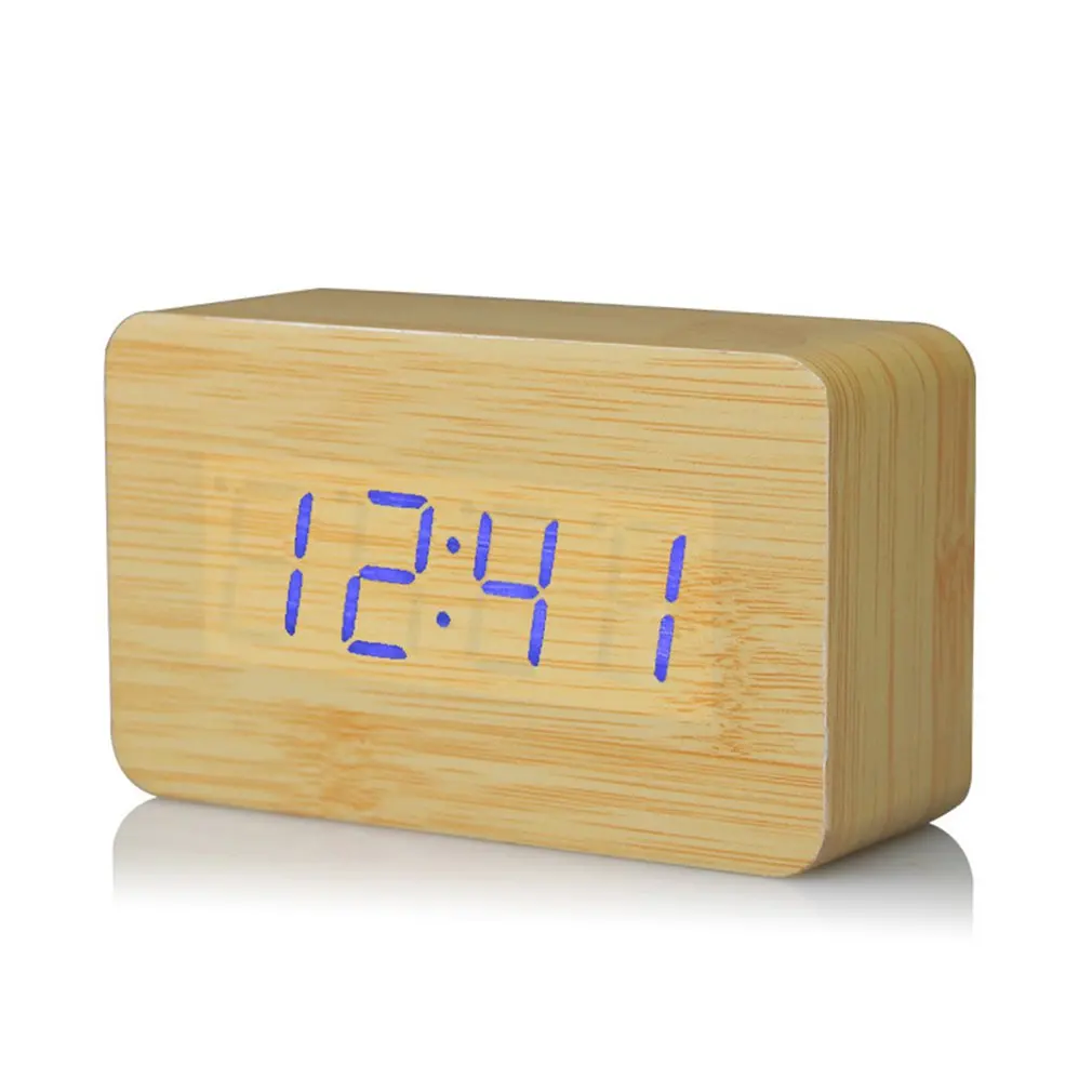 bamboo wood blue Квадратный деревянный светодиодный дисплей Цифровой Электронный Будильник Подсветка контроль температуры Время Календарь Голосовое управление - Цвет: bamboo wood blue