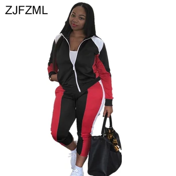 

Color Block Fitness Two Piece Sets Women Long Sleeve Front Zipper Bomber Jacket and Straight Long Pants Plus Size Sweatsuits