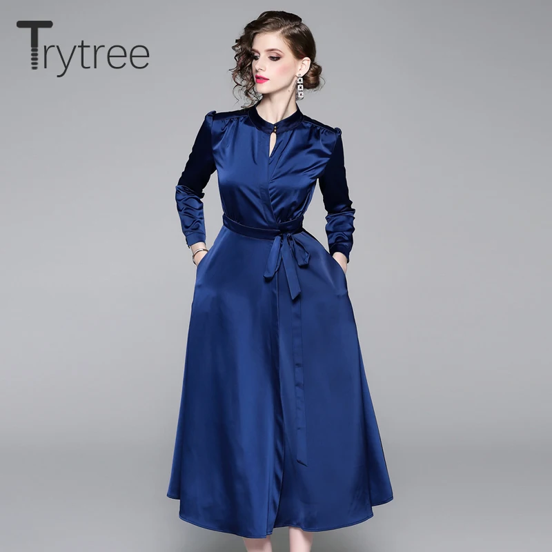 Trytree/осенне-зимнее женское платье повседневные шелковистые элегантные платья с круглым вырезом, открытая трапециевидная поясная сумка, до середины икры, офисное женское платье