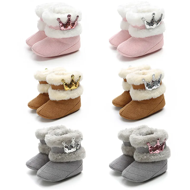 TOPATY Newborn Infant Baby Girl Winter Warm Crown Fur Mid-Calf Length Slip-On Furry Boots 0-18M New Zapatos De Bebe Snow Booties