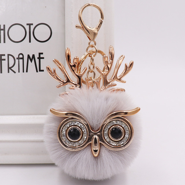 Cute Sequin Ears Owl Keychain Fluffy Artificial Rabbit Hairy Pom-pom Keychain Women's Shoulder Bag Owl Pendant Key Ring