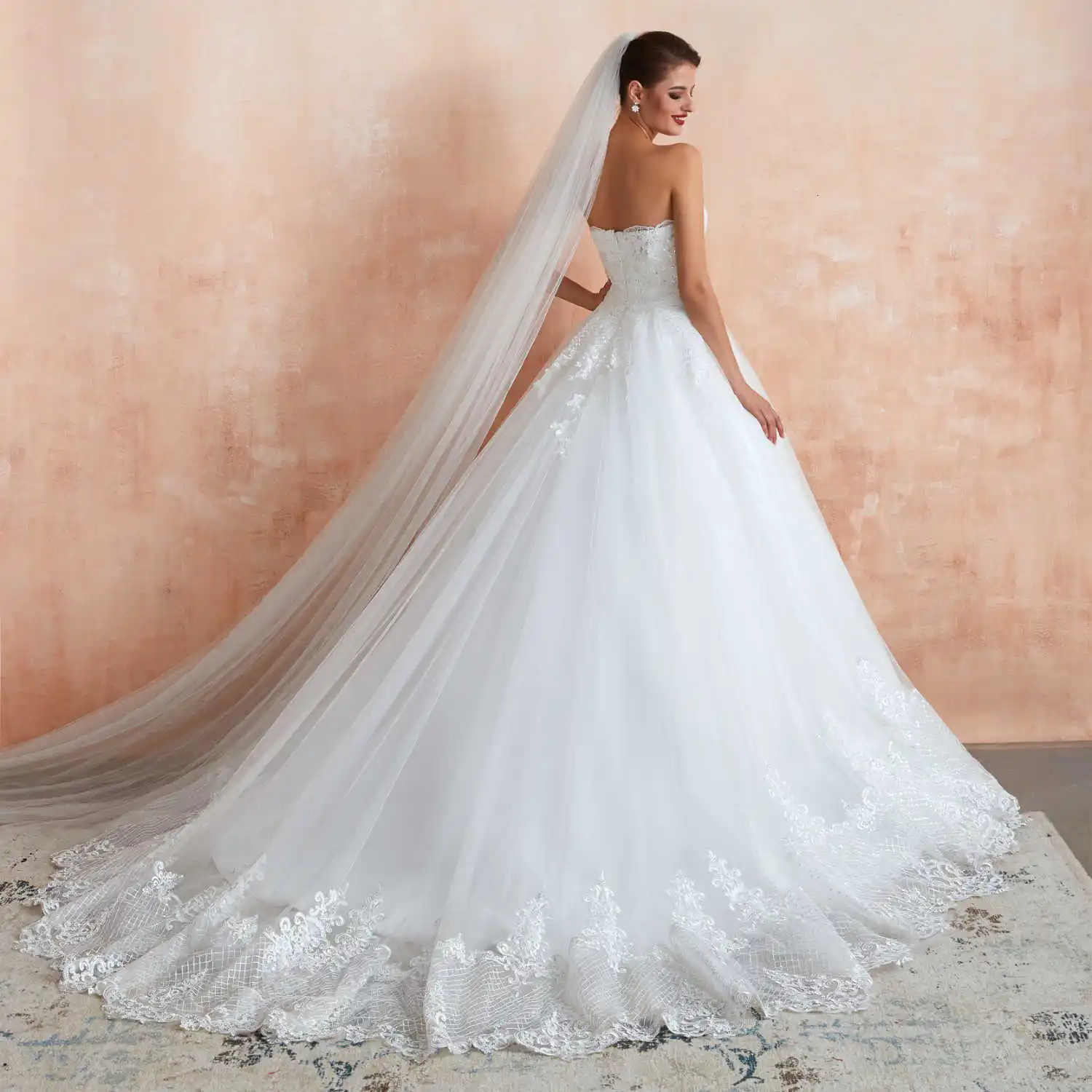 Vivian's Bridal модное блестящее Сетчатое кружевное свадебное платье с аппликацией, сексуальное, с лифом сердечком, с открытой спиной на шнуровке, свадебное платье со шлейфом