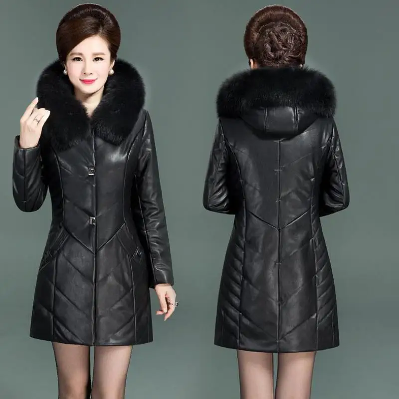 Autumn and winter women long leather jacket coat large fur collar hooded Outwear new middle-aged Female slim down jacket