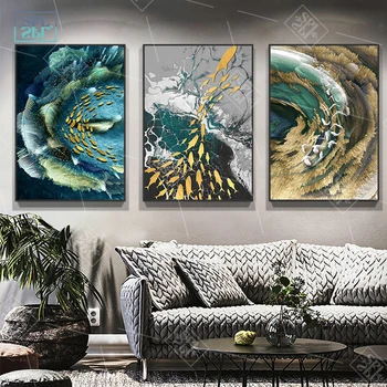 

Abstract Blue and Gold Feather Canvas Painting Nordic Art Posters and Prints Luxury Wall Picture for Living Room Home Decoration