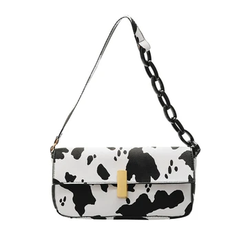 

Popular Simple Female Daily Bag Portable Women Acrylic Chain Shoulder Bag Cow Print PU Handbag Lady Travel Purse