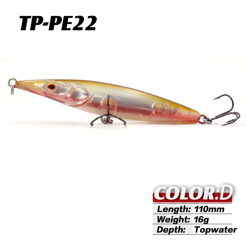 TacklePRO PE22 topwater StickBait воблеры приманка 110 мм 16 г длинный Литой карандаш плавающая жесткая рыболовная приманка крючки mustad - Цвет: D