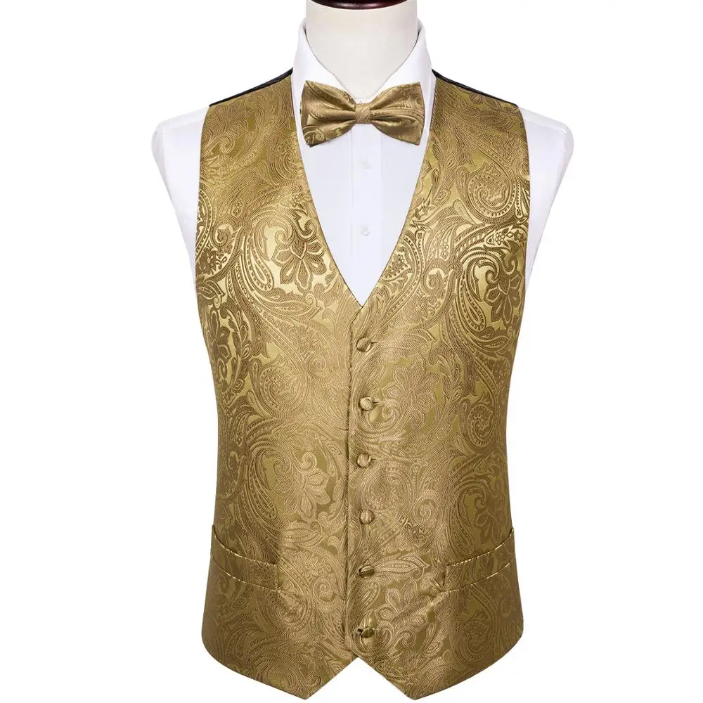 Gold Paisly Men Suit Waistcoat Vest Handkerchief Bowtie Classic Floral Jacquard Barry.wang ML-2017 High Quality 100% Silk Formal | Мужская