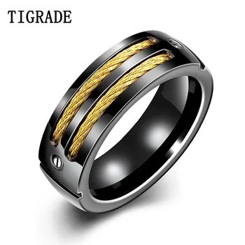 

Hot 7mm Black Men Punk Titanium steel Ring Gold Stainless Steel Cables Engagement Rings Wedding Band Male Jewelry Unicorn Beads