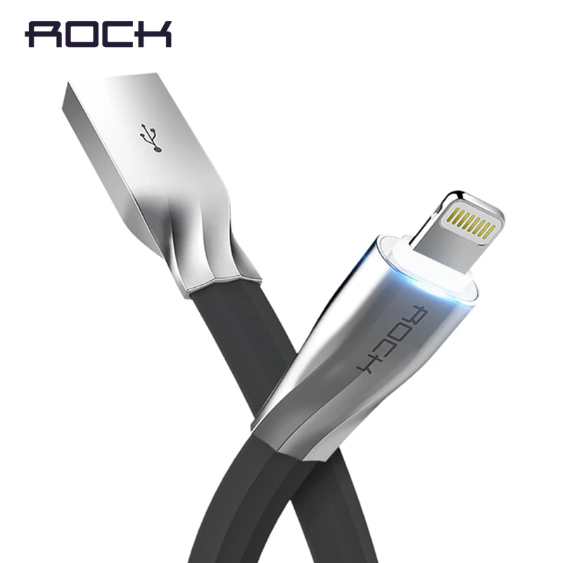 USB кабель ROCK с автоматическим отключением питания для iPhone 11, 11Pro, XS MAX X, XR, 8, 7 plus, 2.1A светодиодный светильник для быстрой зарядки, usb-кабель для зарядки и синхронизации данных - Цвет: Black