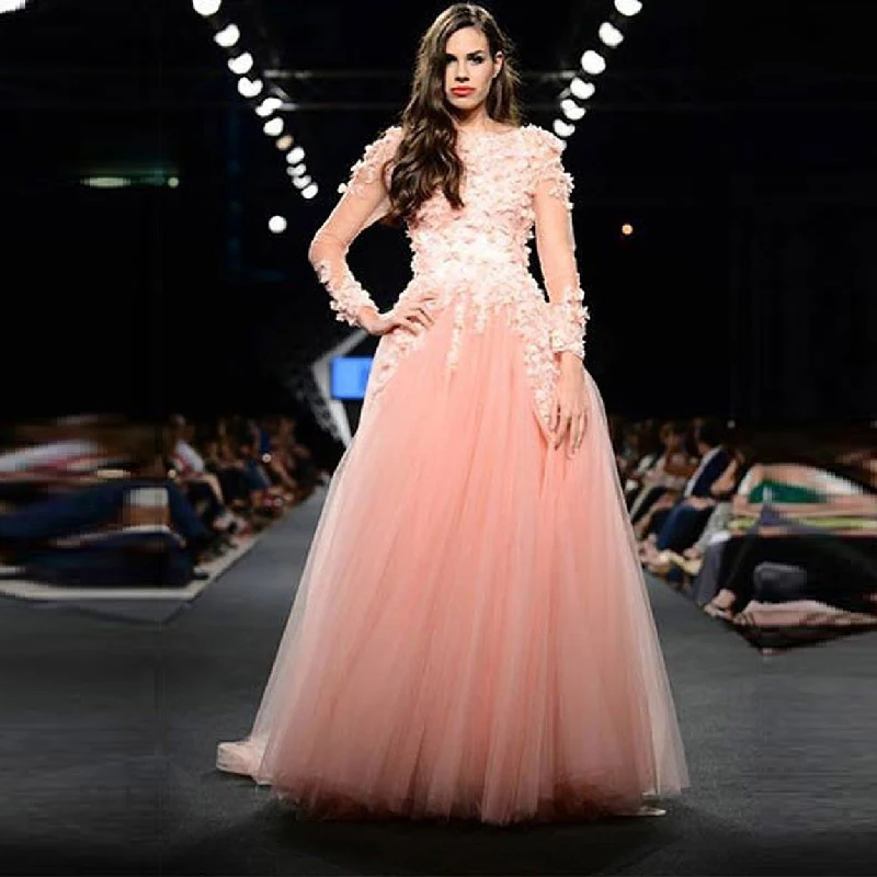 

Amazing Nice vestido de renda Pink long Sleeve Prom bridal gown with Handmade Flowers Robe de Soiree 2018 bridesmaid dresses