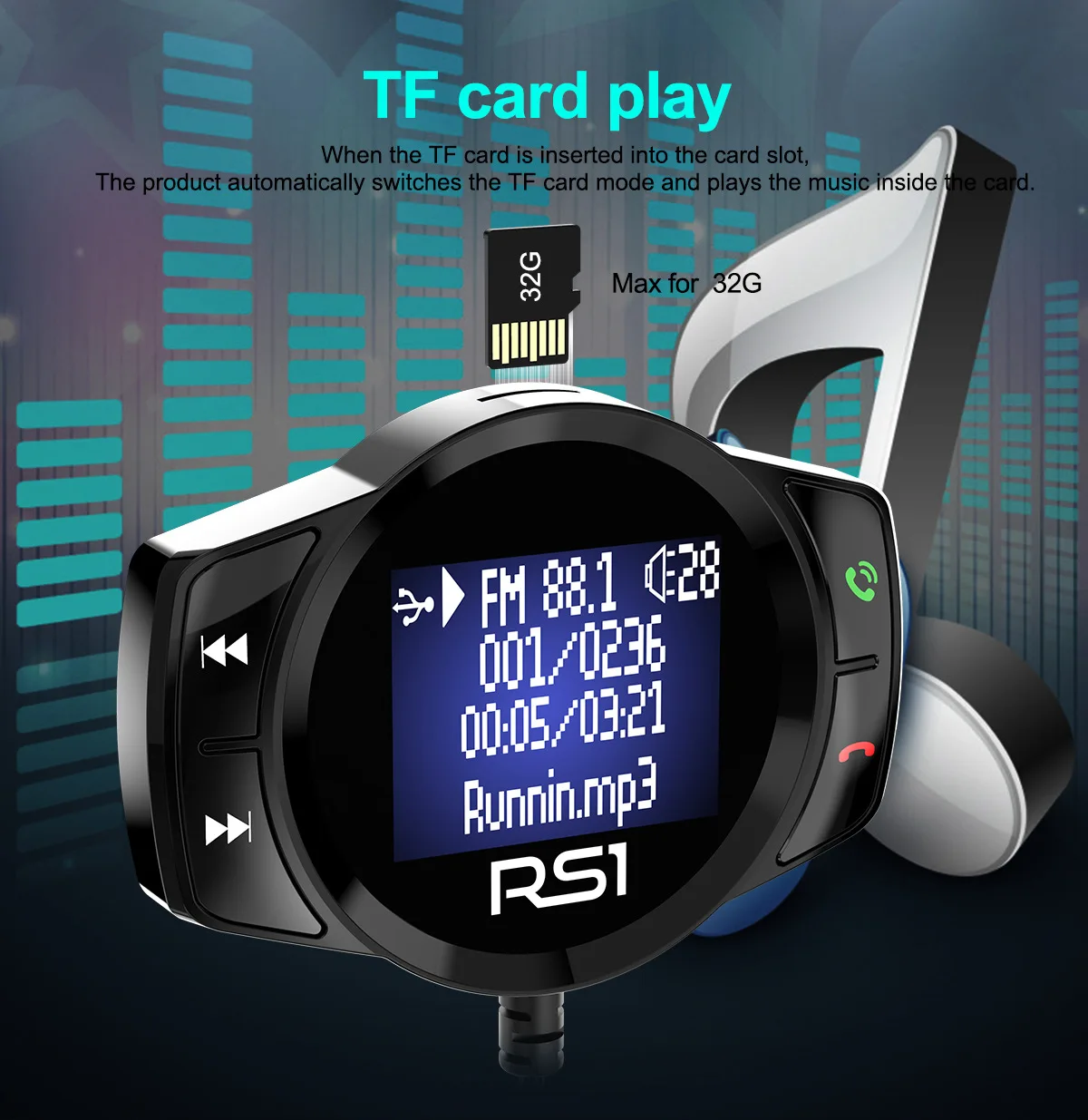 Многофункциональное автомобильное зарядное устройство RS1 беспроводной Bluetooth fm-передатчик автомобильный комплект свободные руки большой дисплей MP3 плеер USB зарядное устройство
