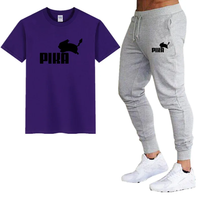 2purple gray Летние популярные мужские комплекты новые футболки с принтом пика+ штаны комплекты из двух предметов Повседневный Спортивный костюм Мужская Повседневная футболка тренажерные залы Фитнес Брюки - Цвет: 2purple gray