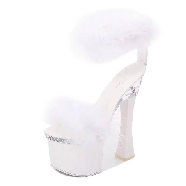 2020 New 4 Color Feather Thick High Heels Platform Sandals Women 14cm 17cm Heels Shoes Female Summer Hair Wedding Pumps WS311 White 17cm