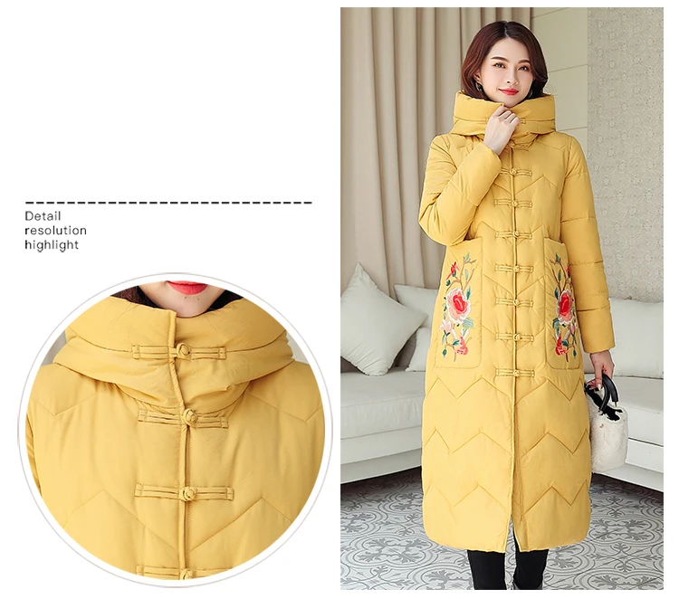 Большие размеры, длинное пуховое пальто с вышивкой, Женская однотонная парка с капюшоном, пальто, женская зимняя утепленная теплая китайская Стильная верхняя одежда