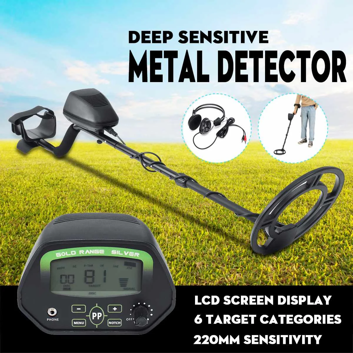 

Metal Detector Underground Gold Detector 105-120cm Adjustable Portable Waterproof Treasure Hunter Detector With Headphone