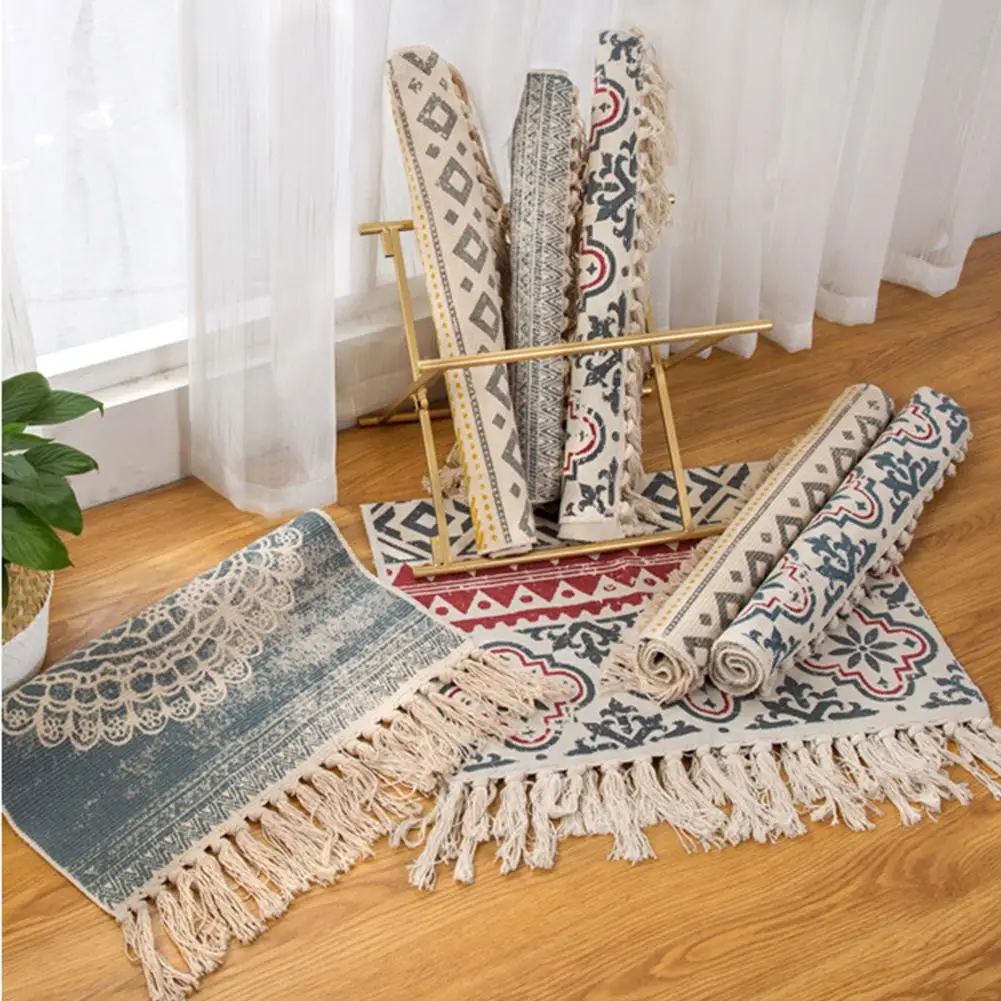 

Retro Bohemian Hand Woven Cotton Linen Carpet Tassel Bedside Rug Geometric Floor Mat Living Room Bedroom Home Decoration