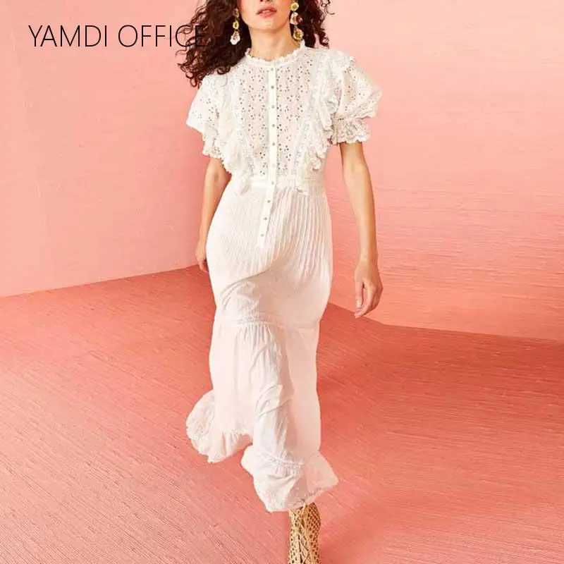 YAMDI длинное вечернее платье на пуговицах с белыми ушками, женское платье с прозрачными рюшами и коротким рукавом, весна-лето
