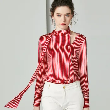 

Women Shirts Red Striped 2020 Spring New Fashion Ribbon Stand collar Long sleeve Silk Shirt Hot Sale