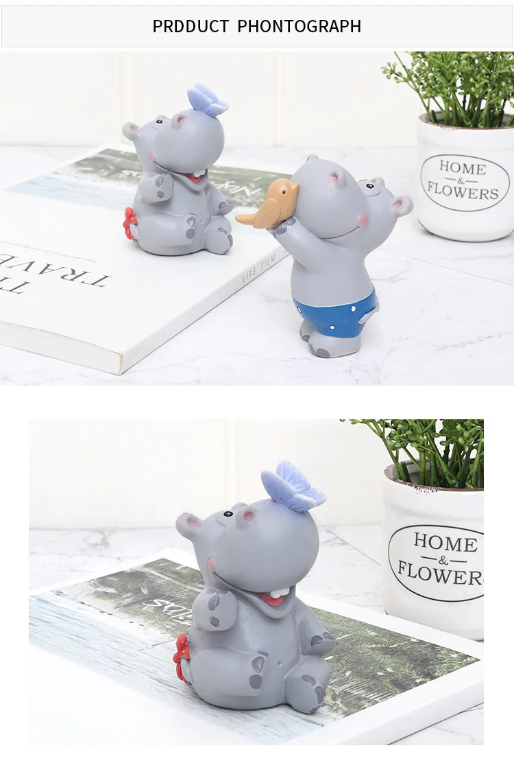 Roogo Hippopotamus Shaped Ornaments For Home Decor Cute Decoration Accessories For Car Resin Mini Figurines Kid Birthday Gift