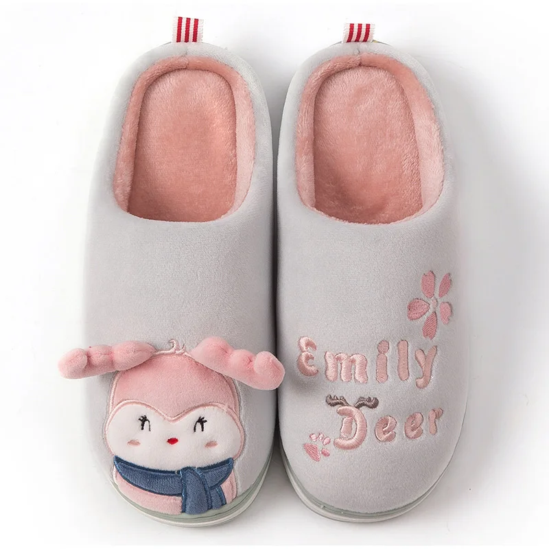 Women Home Flat Slippers Indoor Shoes Female Slip On Cute Cartoon Deer Furry Warm Ladies Christmas Woman Shoes Soft Footwear