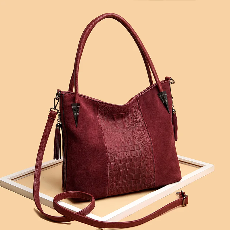Роскошная сумка с узором «крокодиловая кожа», женская сумка на плечо, дизайнерская сумка из нубука, женская черная сумка, двойная молния, кисточка, сумка через плечо