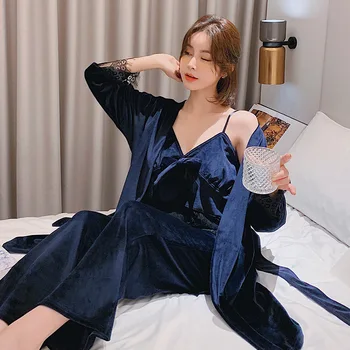 

FZSLCYIYI Autumn Winter Sexy Homewear Warm Velour 3Pcs Pajamas Set Women Gold Velvet Pijama Female Pyjama Suit Nightwear