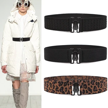 

Anti Allergy Waistband elastic Belts for women without Metal Security Outdoor Leopard cummerbunds dress black alloy Buckle Belt