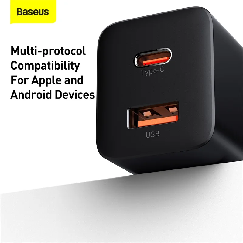 Baseus PD Charger 30W USB Type C Fast Charger QC3.0 USB C Quick Charge 3.0 Dual Port Phone Charge for iPhone 13 X Xs 8 Macbook 3