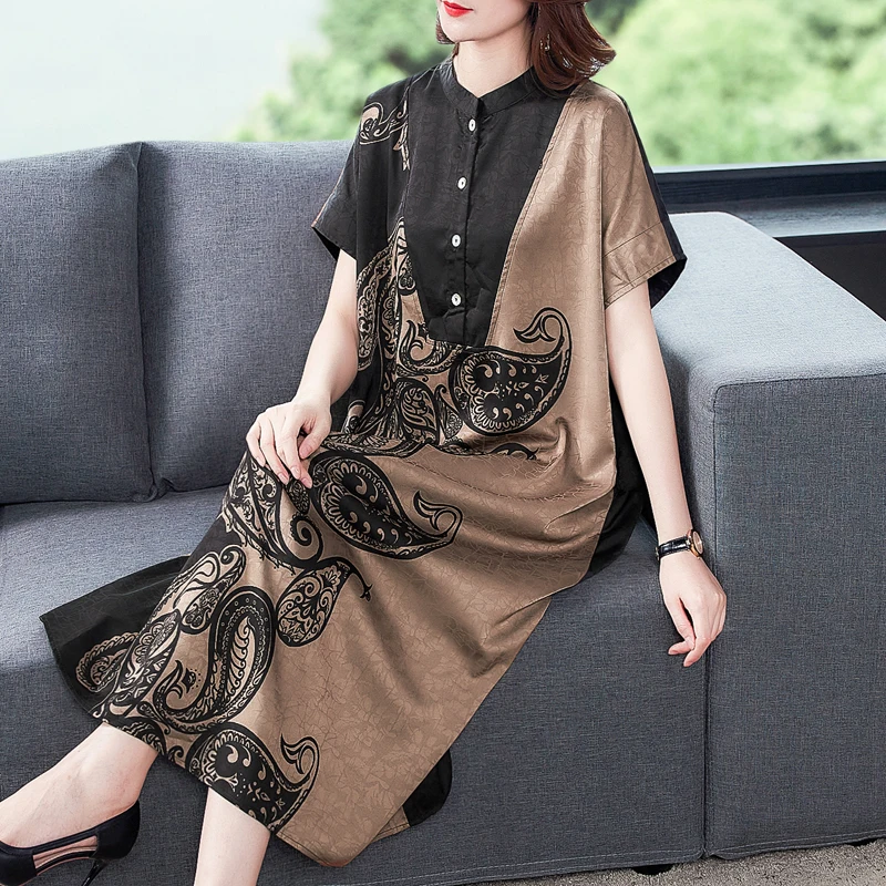 

Summer Print Natural Silk Maxi Dress 2023 Casual Vintage Loose Midi prom Dresses Women Elegant Bodycon Party Evening Vestidos