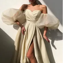 

RANMO Shimmer Light Champagne A Line Long Evening Dress Removable Puff Sleeves Sweetheart Pleats Side Slit Formal Prom Gowns