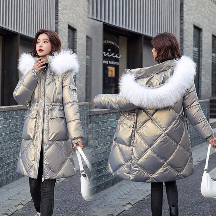 womens parka coat Yzeqi  2021 Fashion Winter Jacket Down Parkas Women Fashion Hooded Fur Collar Cotton Padded Jackets Thick Warm Glossy Long Thick maxi puffer coat