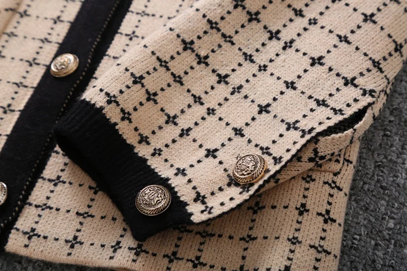 Вязаный женский кардиган, Женский Мягкий клетчатый свитер с круглым вырезом и длинными рукавами, Женский Повседневный однобортный свитер с карманами