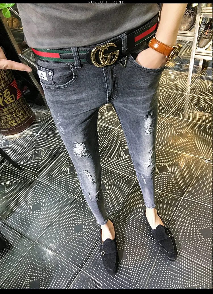 NEW spring autumn skinny strech Casual ripped hole fashion black teenagers hip hop cowboy denim leg jeans men pencil pants