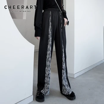 

CHEERART Wide Leg Pants Women Patchwork Zebra Print Long Pants High Waist Elastic Trousers Designer Pants Fashion 2020