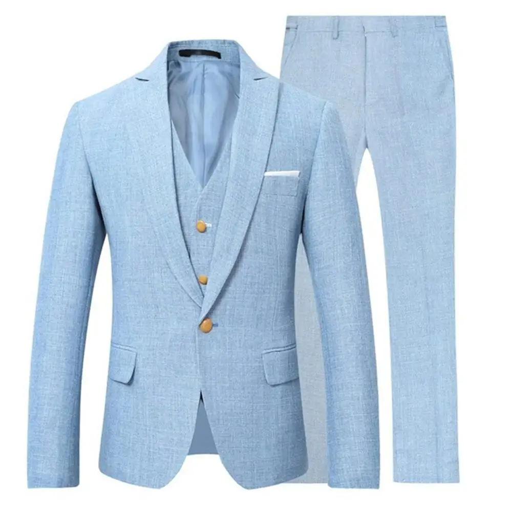 

2020 New Arrival Sky Blue Linen Men Suits Latest Design Slim Fit Wedding Suit 3pcs Custom Made Prom Casual Tuxedos Men Suits