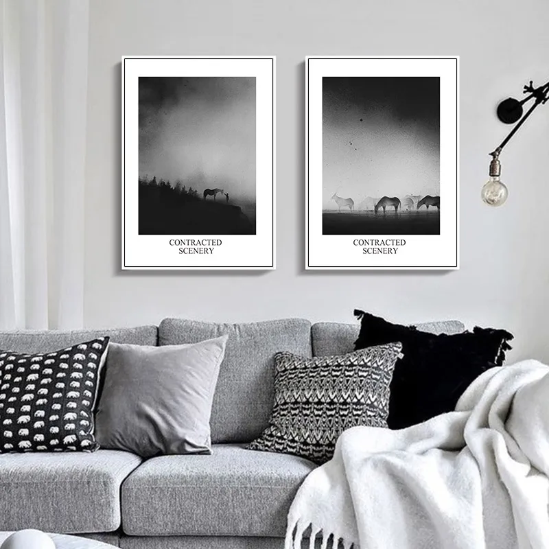 Принт черный и белый лес пейзаж постер картина животное жираф абстрактный холст