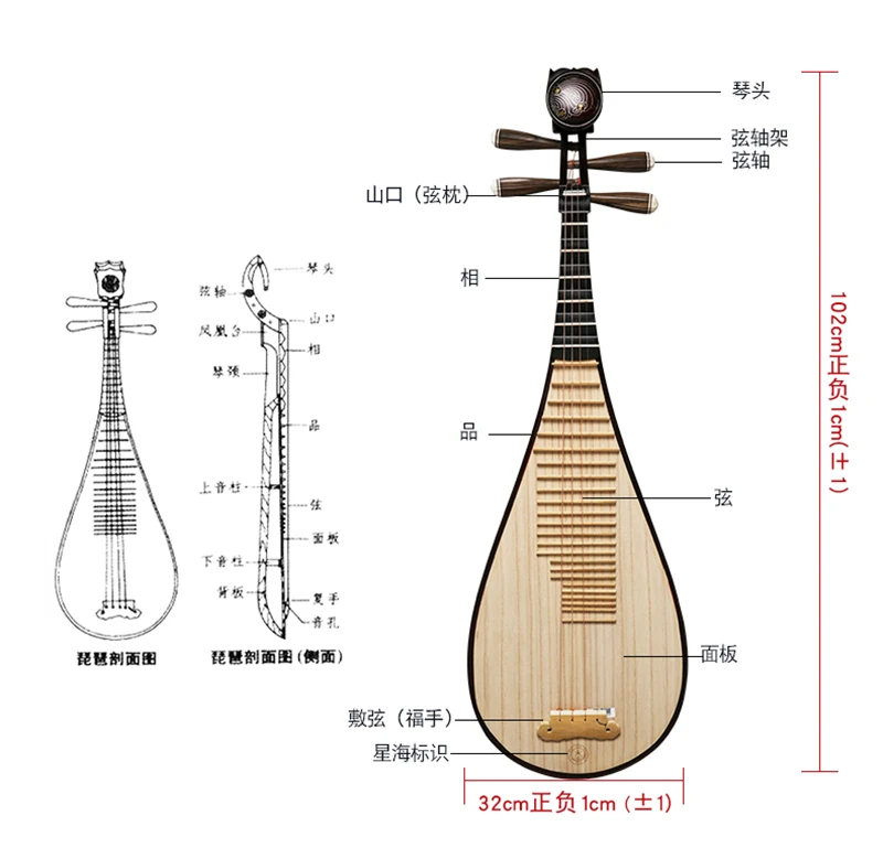 Pipa Musical Instrument Hardwood Bone Flower Sycamore Wood Panel Color Wood Back for Beginner and Professional Player