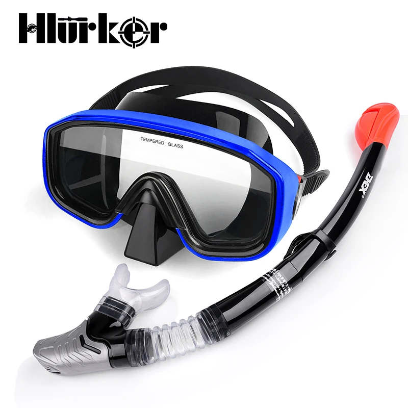 Hlurker, анти-туман, анти-головокружение, подводное плавание, маска для подводного плавания, очки, маска+ дыхательная трубка для мужчин, женщин - Цвет: Blue Set