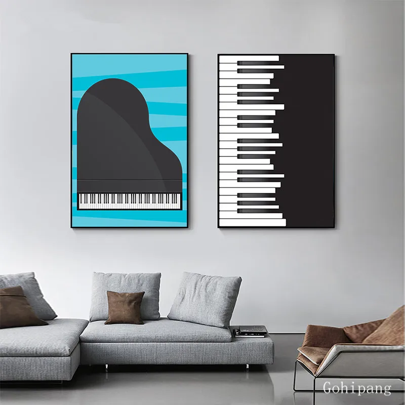 Abstract Black and White Poster Print Nordic Piano Canvas Art Modern Picture Tableaux for Living Room Music Studio Blue Wall Art