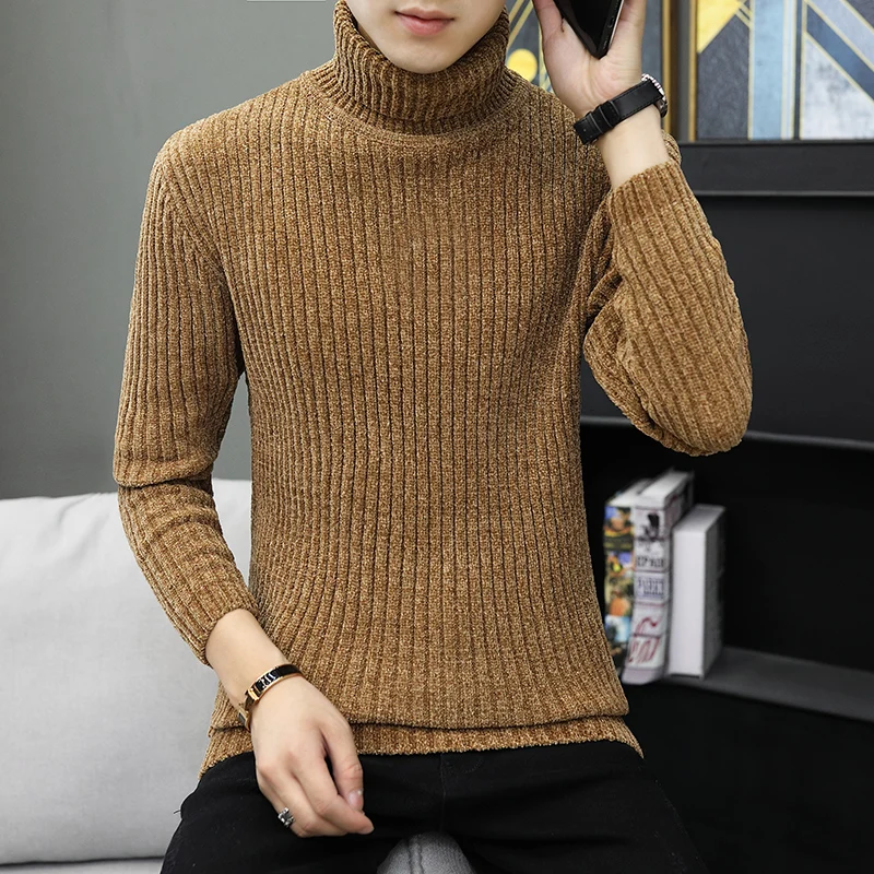 High Quality Warm Turtleneck Sweater Men Fashion Solid Knitted Mens Sweaters Casual Slim Pullover Male Double Collar Tops