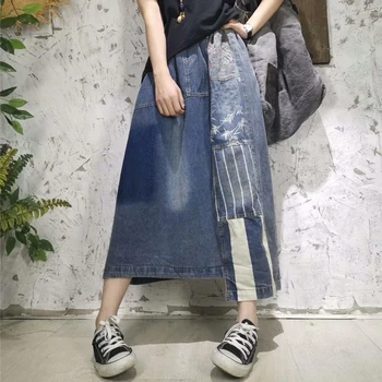 

New Arrival Summer Arts Style Women Elastic Waist Cotton Denim Long Skirt Asymmetry Patchwork Loose Casual Vintage Skirts S850