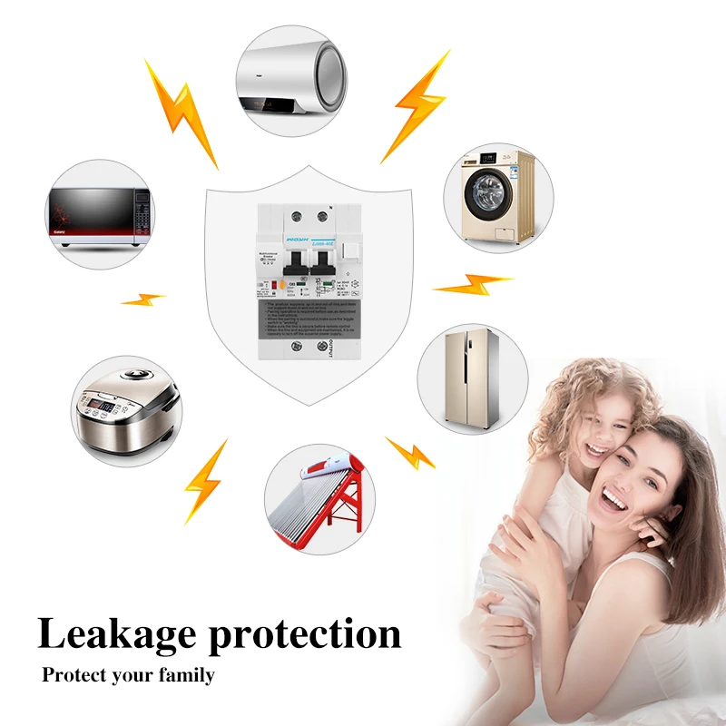 2p WiFi leakage current Smart Circuit Breaker with Energy monitoring and meter function for Amazon Alexa and Google home