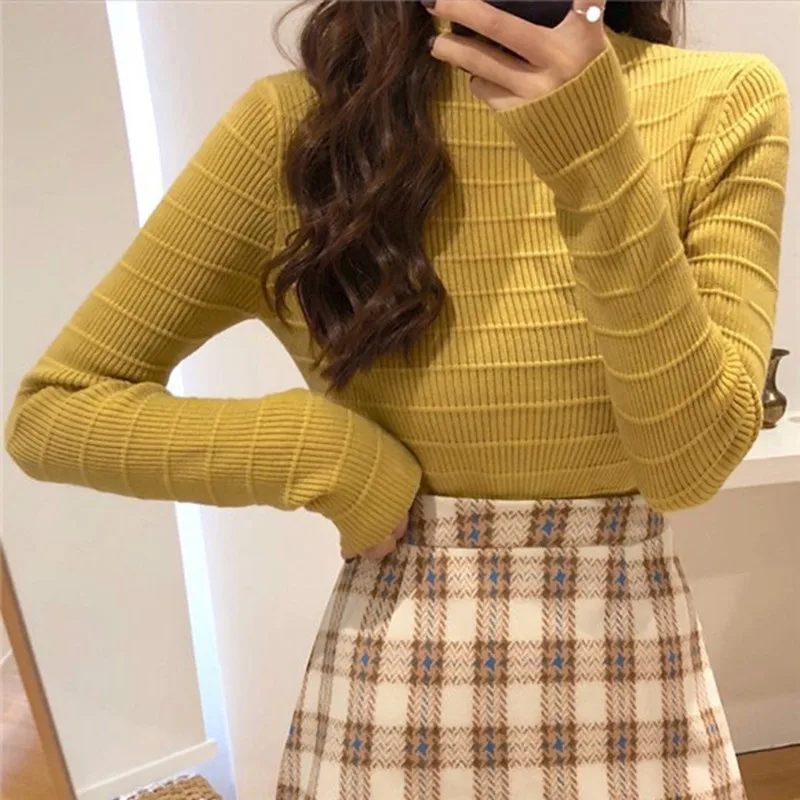 

DeRuiLaDy 2019 Fall Winter Casual Turtleneck Long Sleeve Sweater For Women Pullover Womens Slim Knitted White Sweater Top jumper