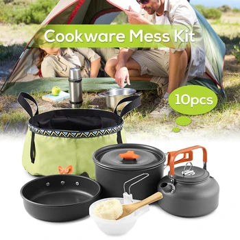 

Outdoor 10Pcs Camping Cookware Mess Kit Cooking Pot Pan Set Kettle with Folding Wash Basin Bucket for Backpacking Picnic Camping