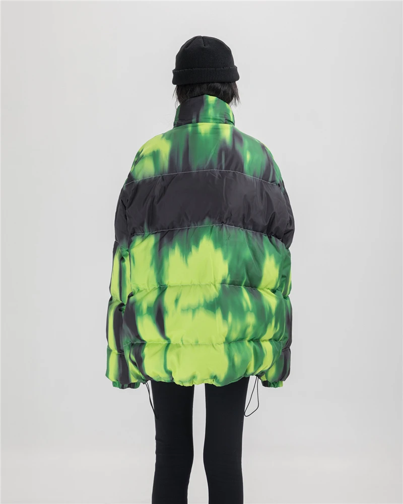 Bebovisi, Зеленые Плотные парки, куртки, на молнии, с карманами, с принтом Tie Dye, зимняя уличная одежда, в стиле хип-хоп, Повседневная Теплая стеганая парка, куртка, пальто