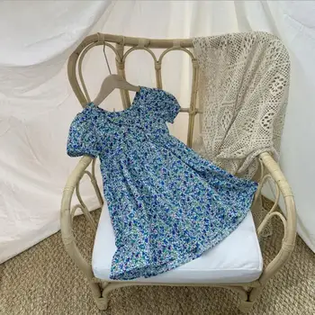 

girls floral print cotton dress 2020 summer baby girls blue flower princess dresses kids clothing wholesale