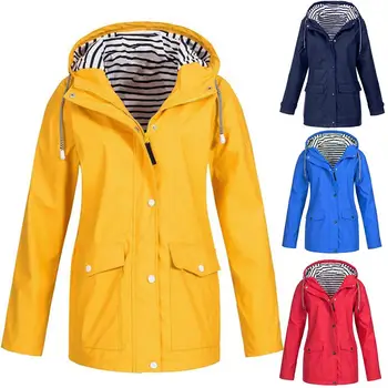 

Women Solid Color Stripe Outdoor Windproof Waterproof Hooded Raincoat Rain Jacket Windproof Coat Camping Plus Size Women Jacket