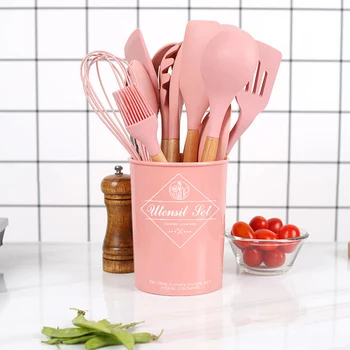 

12pcs Silicone Kitchenware Set Cooking Utensil Non-stick Wood Handle Shovel Spatula Soup Spoon with Storage Box Kitchen Tools